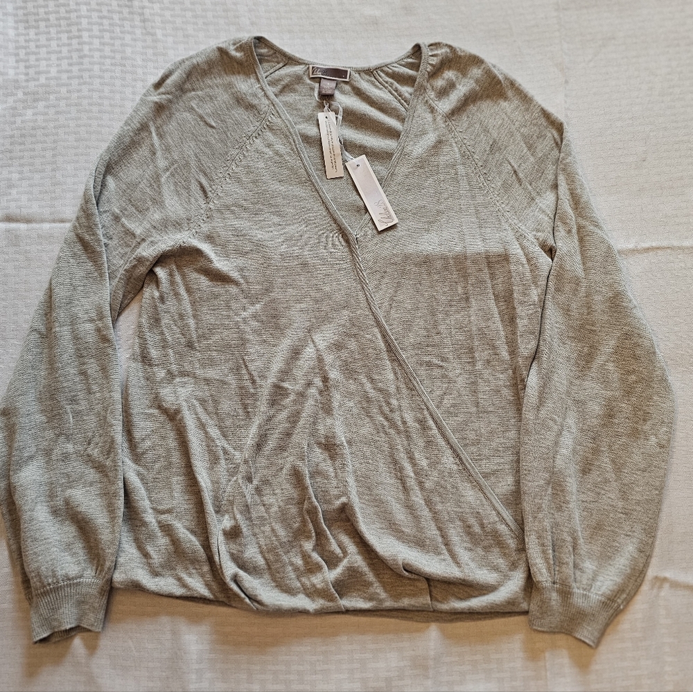 Gray Wrap Sweater Womens S‎ Soft Knit Cozy Faux Wrap Pullover NWT